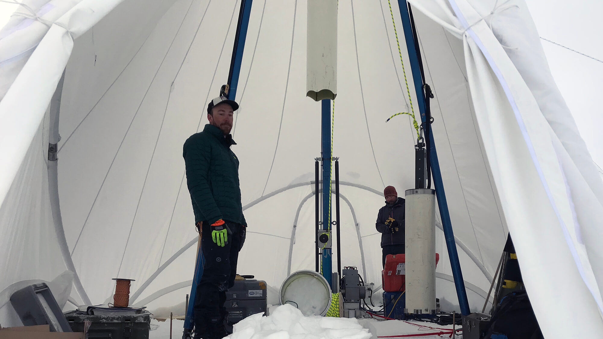 Interior of the new Blue Ice Drill tent at Law Dome, Antarctica, during the 2018/19 field season. Credit: Peter Neff