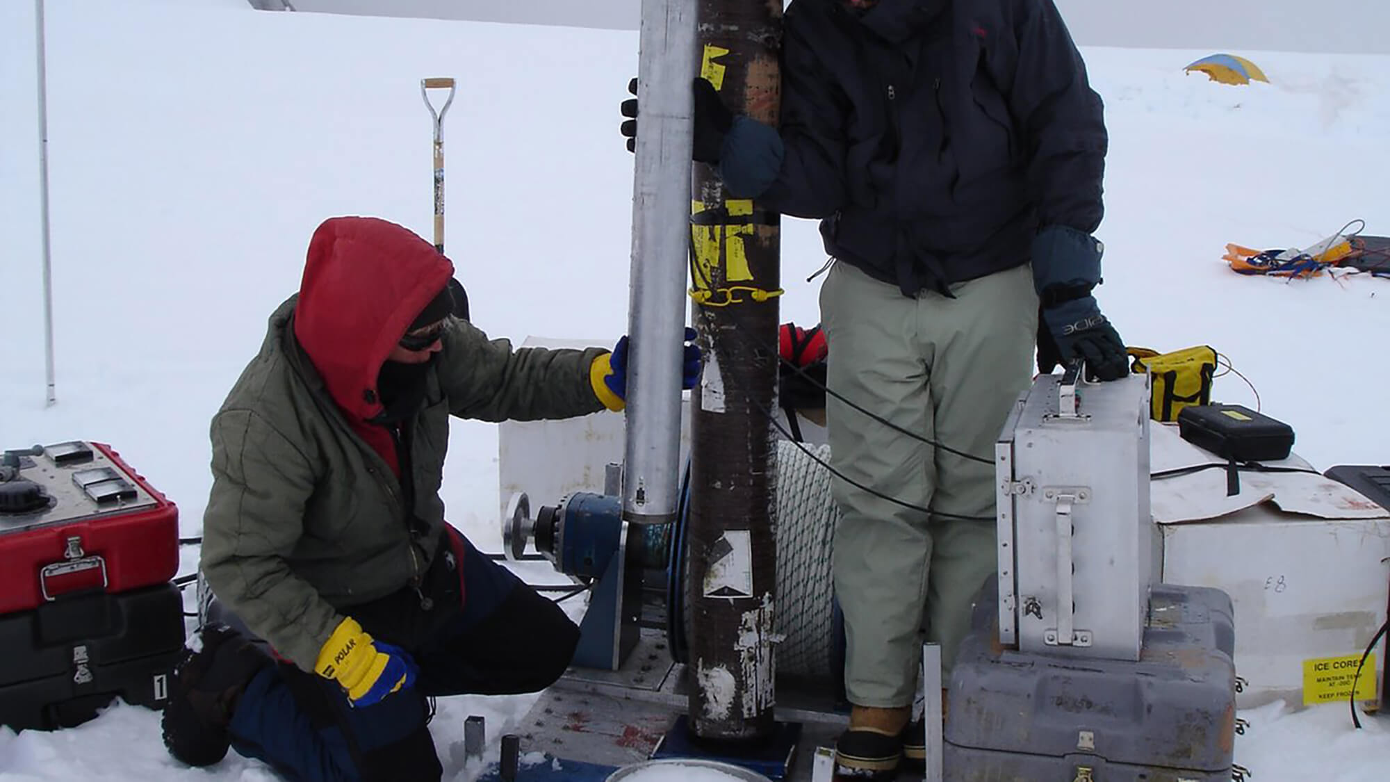 Drilling with the thermal drill at Combatant Col, Mt. Waddington, British Columbia, during the 2010 field season. Credit: Eric Steig