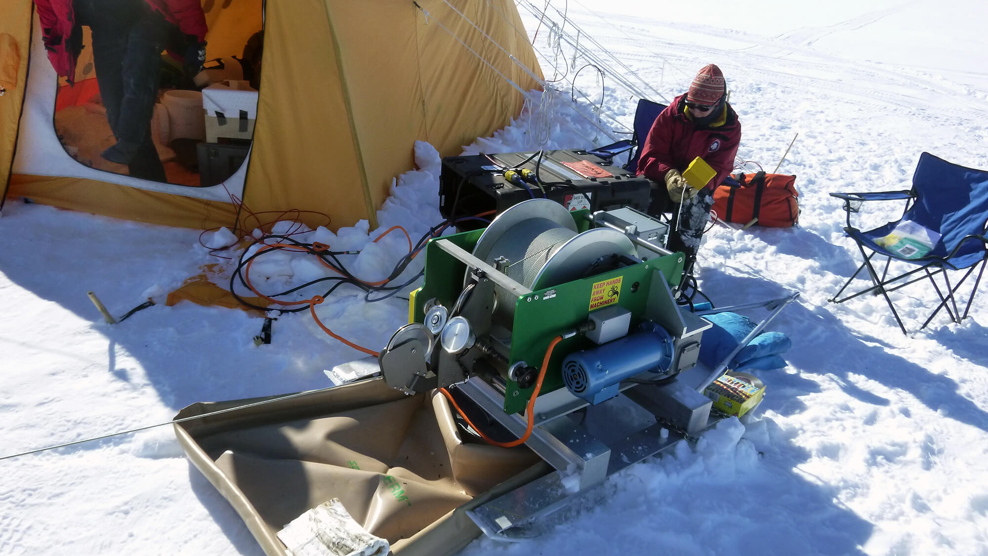 The intermediate depth logging winch in operation at Siple Dome, Antarctica, during the 2013-2014 summer field season. Credit: Josh Jetson