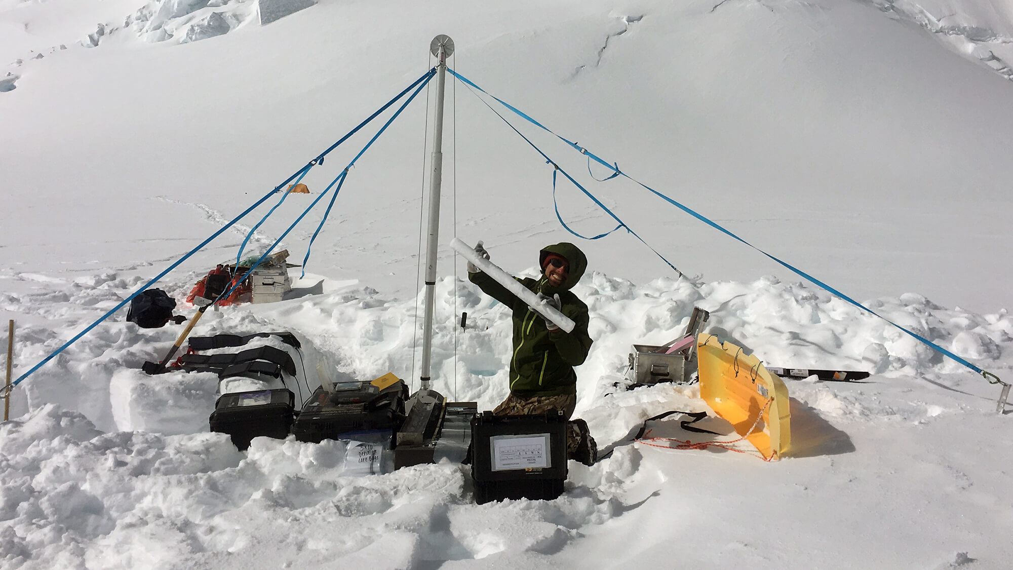 Researchers use the Stampfli Drill to collect a 50-meter long core from the summit plateau of Mount Hunter, Alaska. Credit: David Polashenski