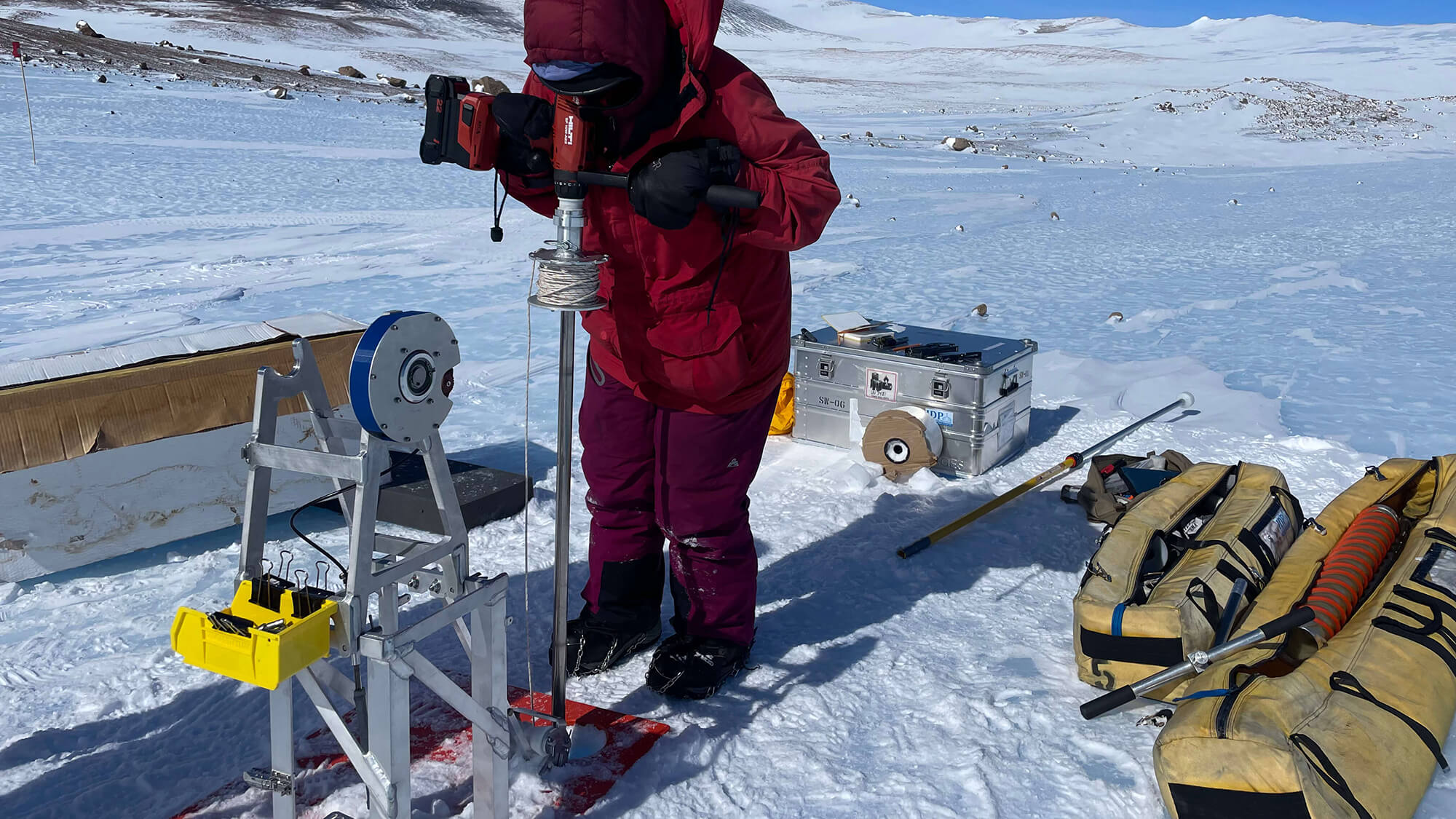 Using the Sidewinder at Allan Hills, Antarctica, for the NSF Center for Oldest Ice Exploration (COLDEX) project. Photo credit: Jenna Epifanio, COLDEX.