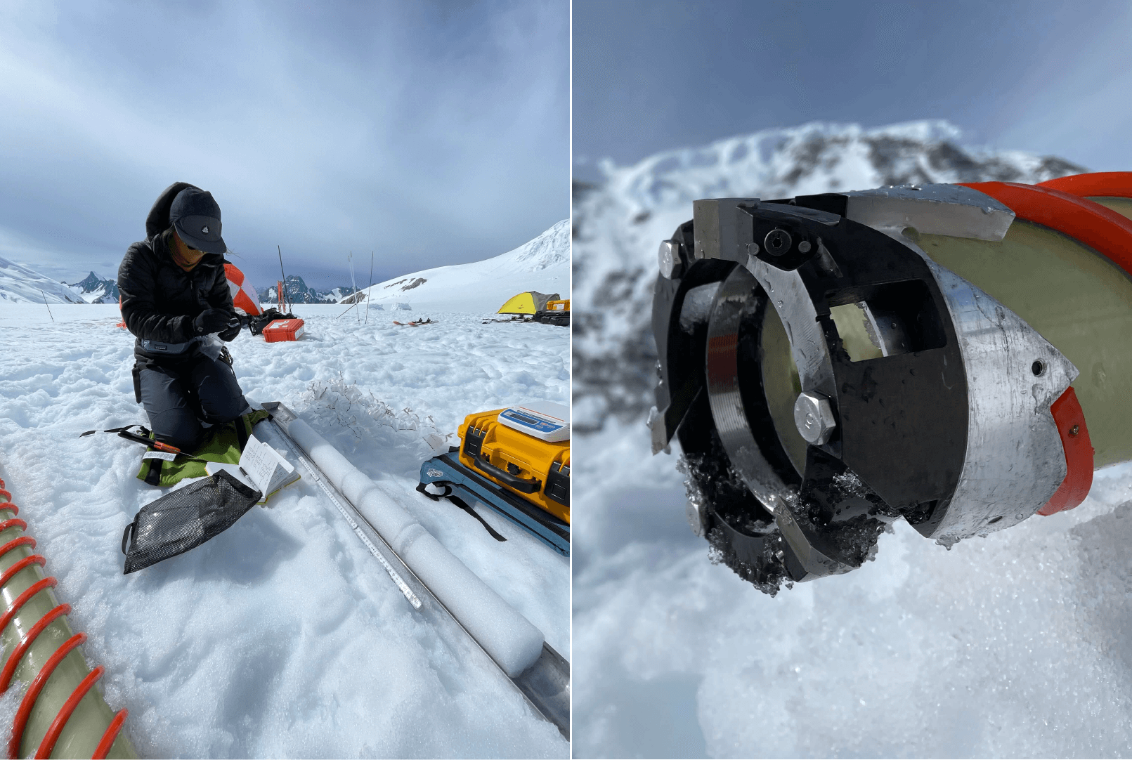 (Left) Julia Andreasen logs a core drilled with the IDDO Hand Auger at Combatant Col, British Columbia, Canada. Credit: Peter Neff. (Right) A close-up view of the IDDO Hand Auger cutter head. Credit: Peter Neff.